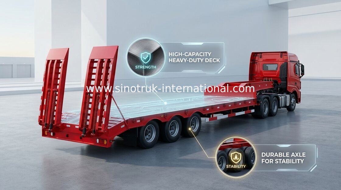Low Bed Semi Trailer Truck 3 Axles 80 Tons 17m for Loading Construction Machine