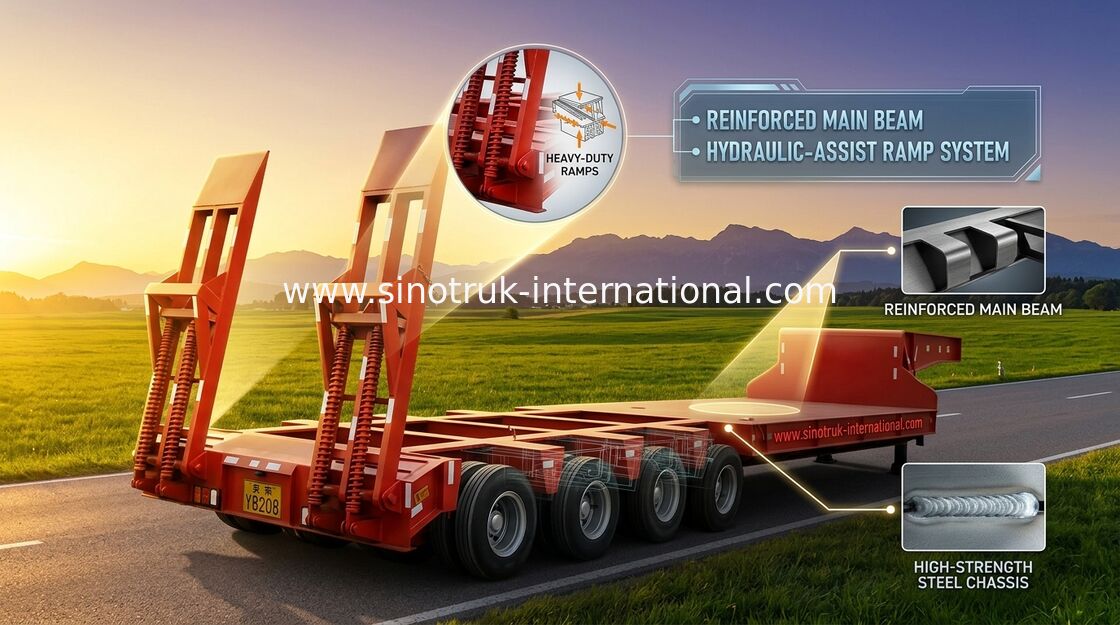 Low-bed Semi Trailer Truck 3 Axles 70Tons 17m for Loading construction machine